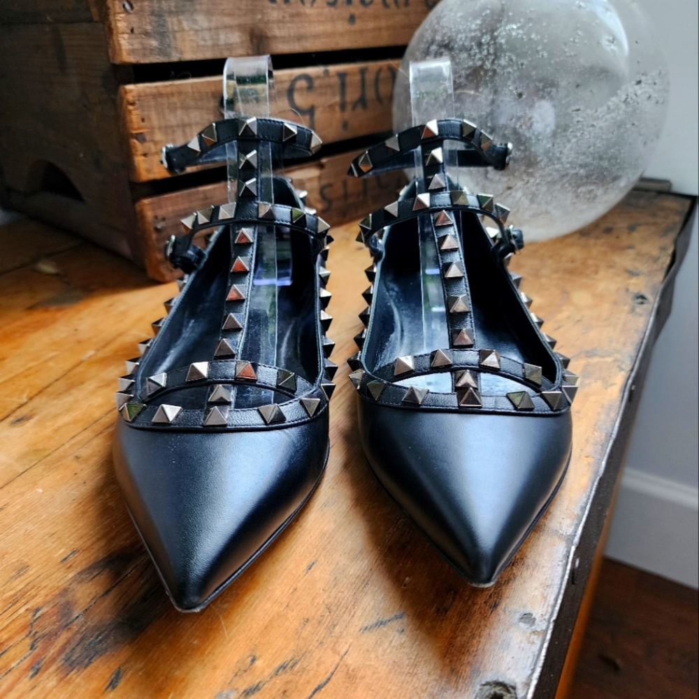 Valentino Rockstud Noir T-Strap Caged Flats